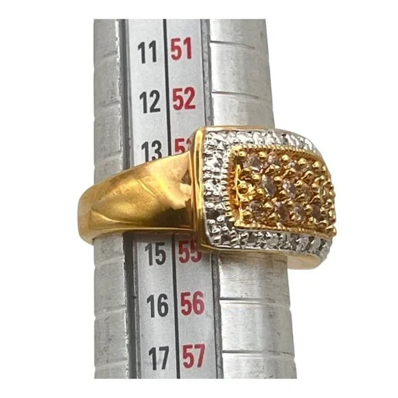 Pave Gold Tone Ring Yellow CZ Silver Tone Accent Size 7 Cocktail Statement 6.62g - Picture 3 of 8